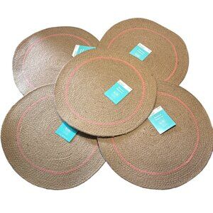 Round Jute & Cotton Placemats 15" Diameter Lobster Bisque Coral Accent Set Of 5